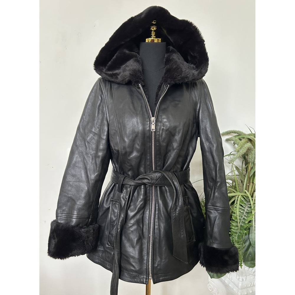 Wilsons Leather Coat M Black Faux Fur Lined Hooded Belted Goth Whimsigoth Jacket
